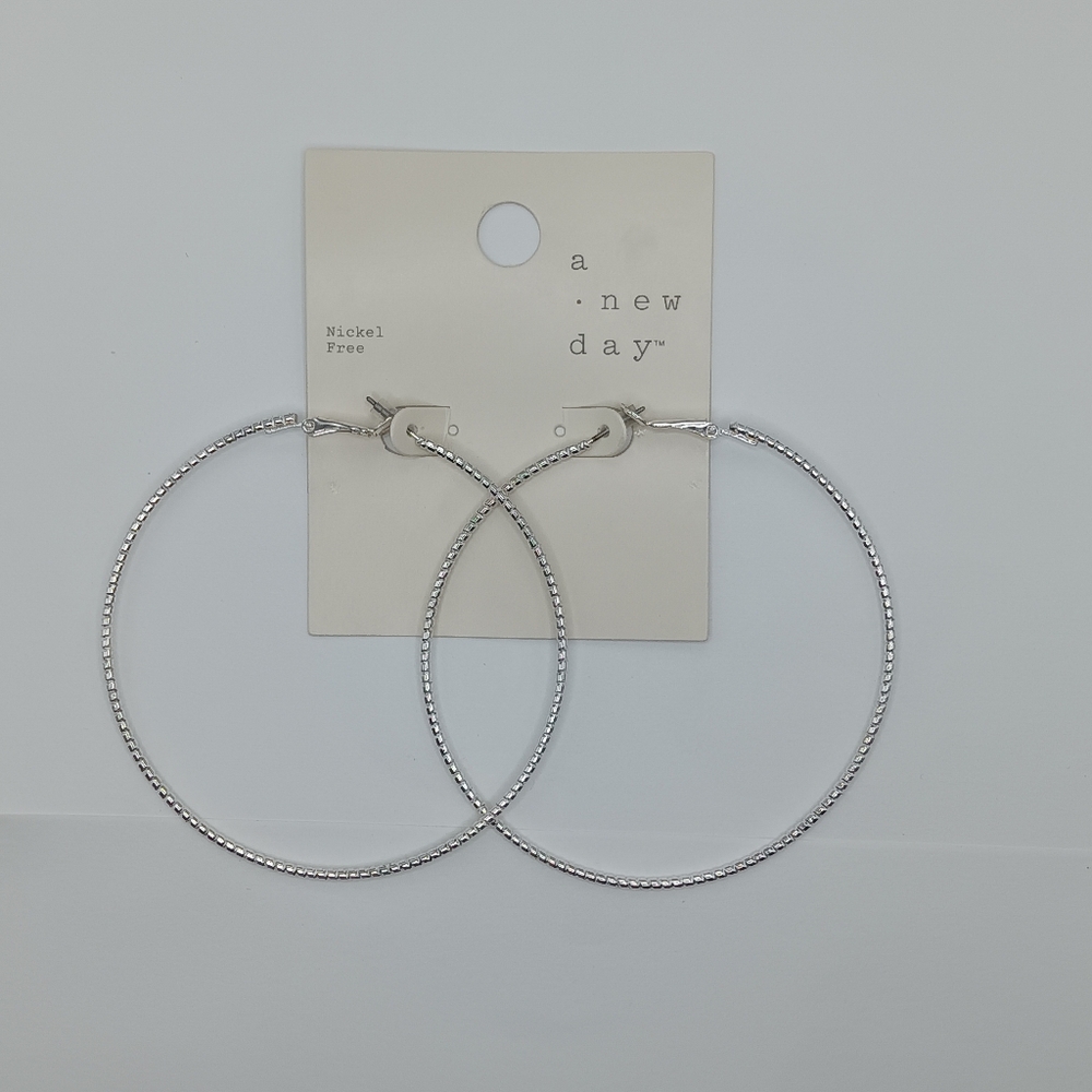 A New Day Silver Textured Large Hoop Earrings NWT